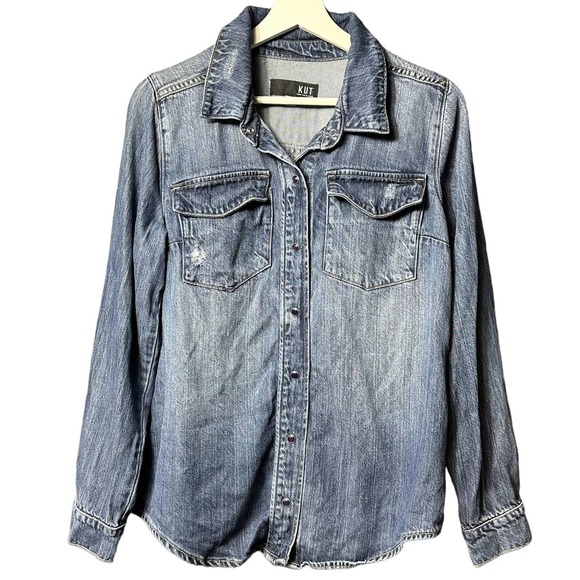 KUT From The Kloth Women's Button-Down Blue Denim Long Sleeve Shirt Size Medium - Picture 1 of 10